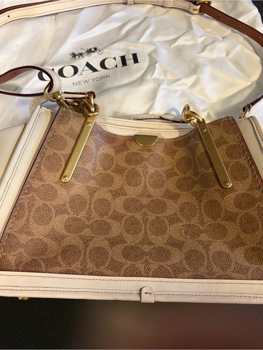 Coach Dreamer Brown Signature Satchel with Cream Trim and Gold Hardware